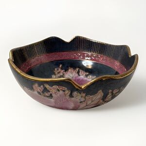 Chinese Porcelain Bowl Blue Floral Pink Poppy Gilt Lobed Rim 6" Wide 2.75" Tall